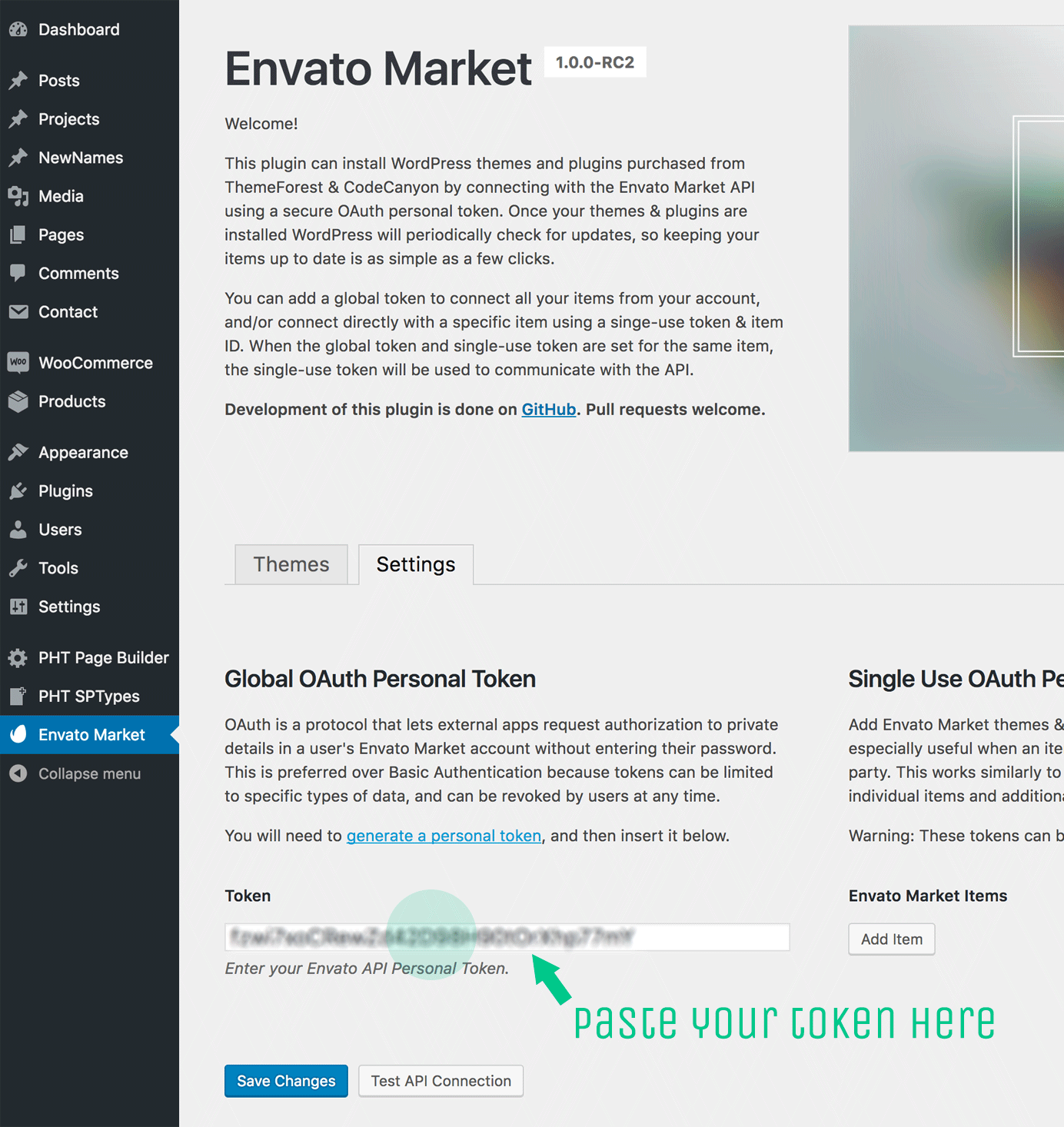 Save your Envato Market Token