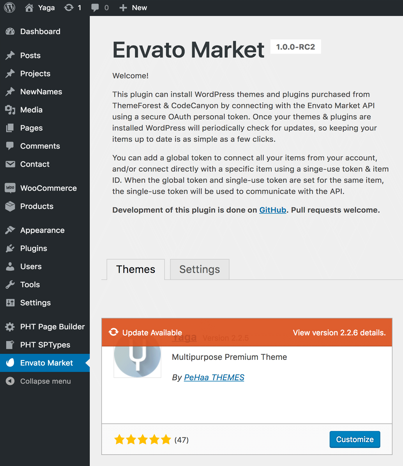 WordPress Envato Market Page after authentication