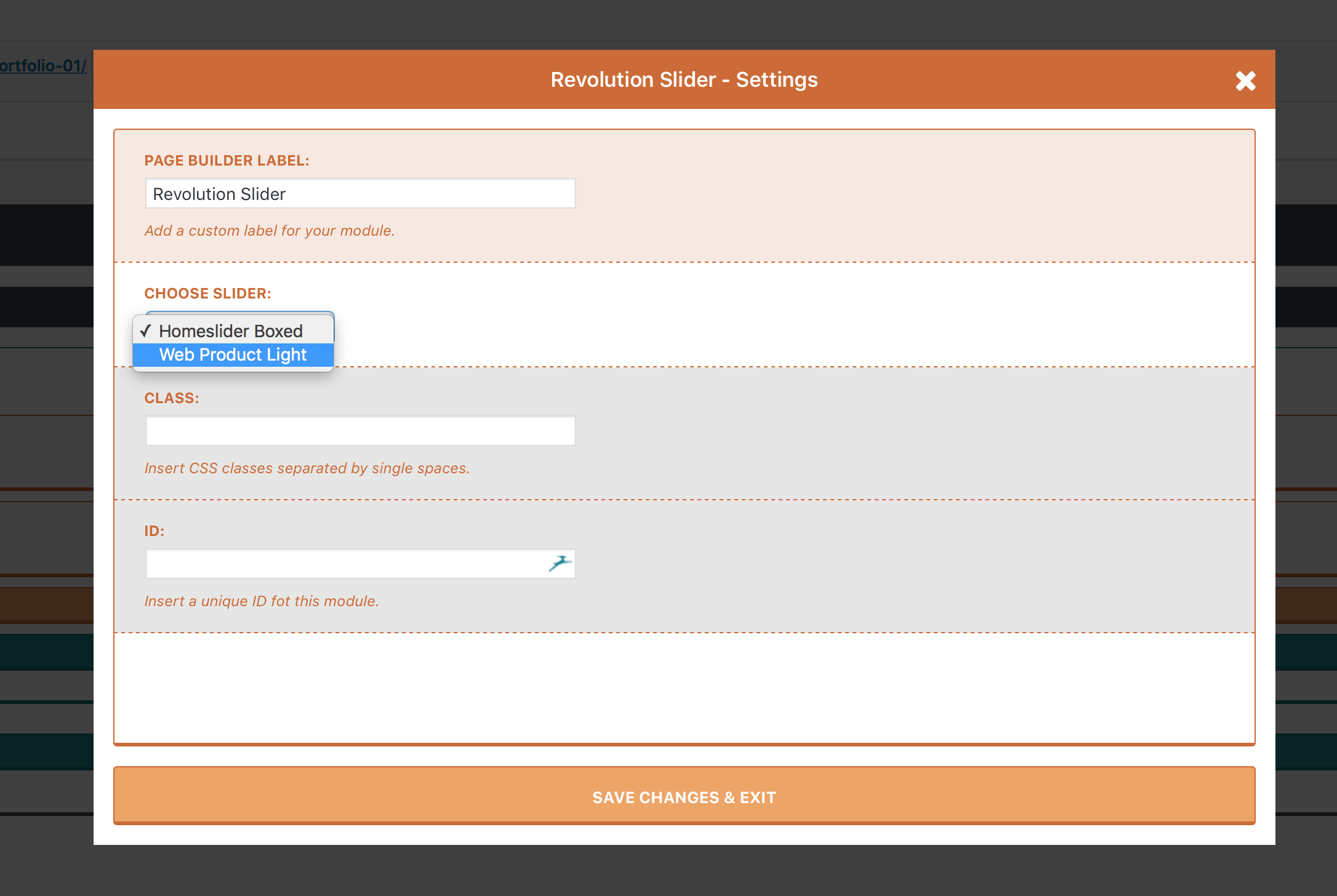 Revolution Slider as a page builder module, choose a slider in a select field
